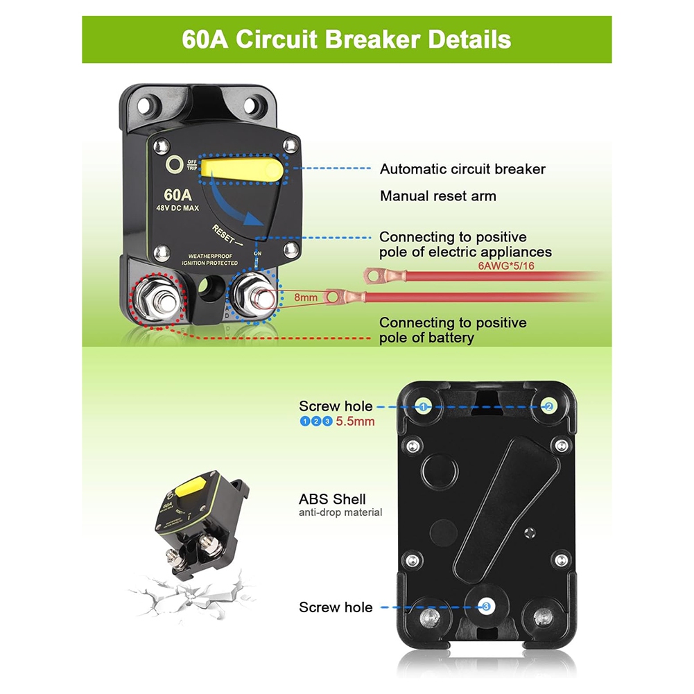 60 Amp Circuit Breaker DC 12V-48V Fuse with Manual Reset Switch. 