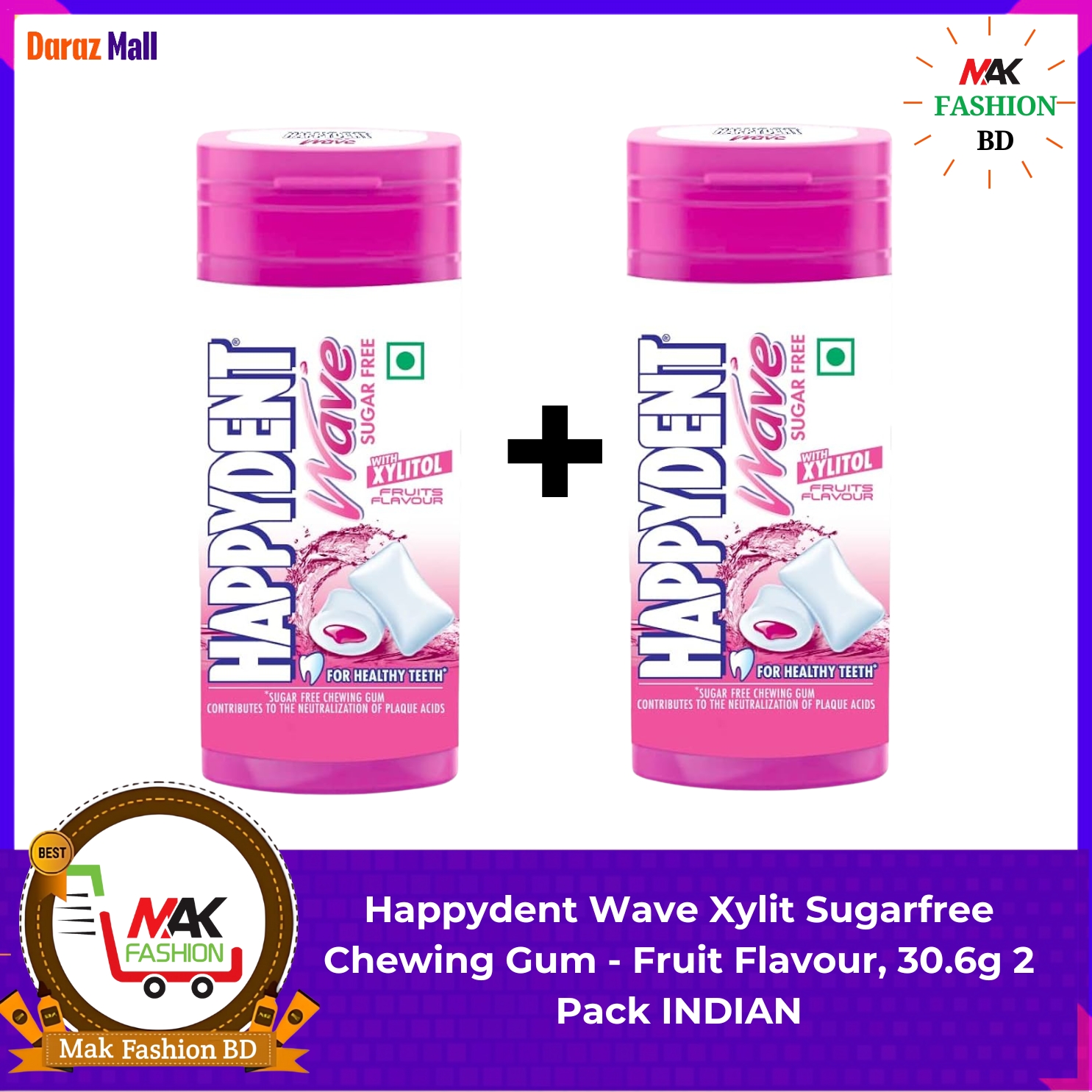 Happydent Wave Xylit Sugarfree Chewing Gum - Fruit Flavour, 30.6g 2 Pack INDIAN