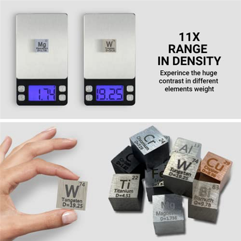 10 Piece Elements-Cubes - Density-Cube Set As Shown Metal 0.39 Inch/10 mm for A Periodic Table of Elements Collection. 