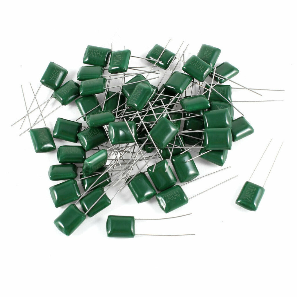 10Pcs- MYLAR 100V 2A104J GREEN Color Mylar 2A104J 104J 100V Polyester Film Capacitor Metallized 100nF Polypropylene Capacitors 2 Pin Leads Connections Leg. 