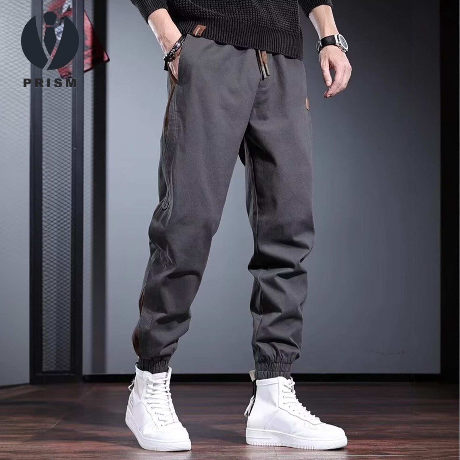 Men Cargo Pants Pockets Drawstring Elastic Waist Ankle-banded Expandable Button Leg Streetwear Loose Solid Color Joggers Outdoor Long Trousers. 