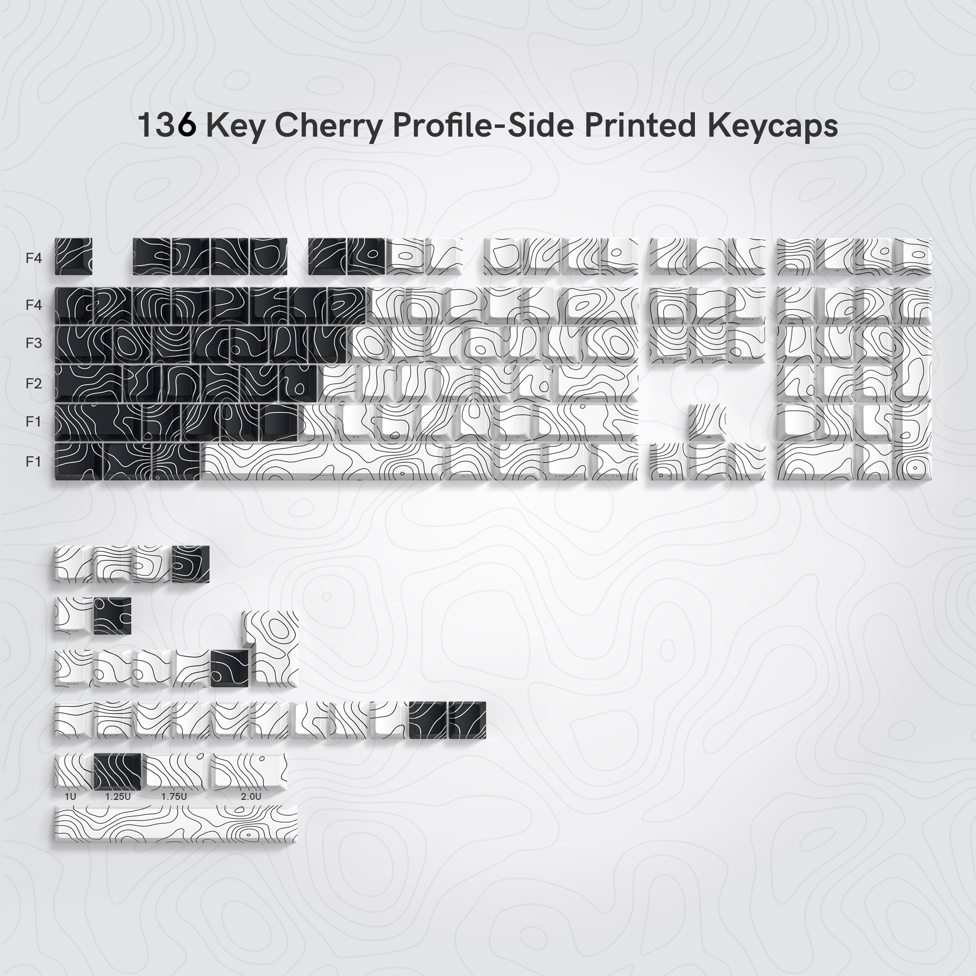 136 Keys Black White Topographic Side Print 5 Side Dye-Sub PBT Keycap Backlit Cherry Profile Key Cap For Mechanical Keyboard. 