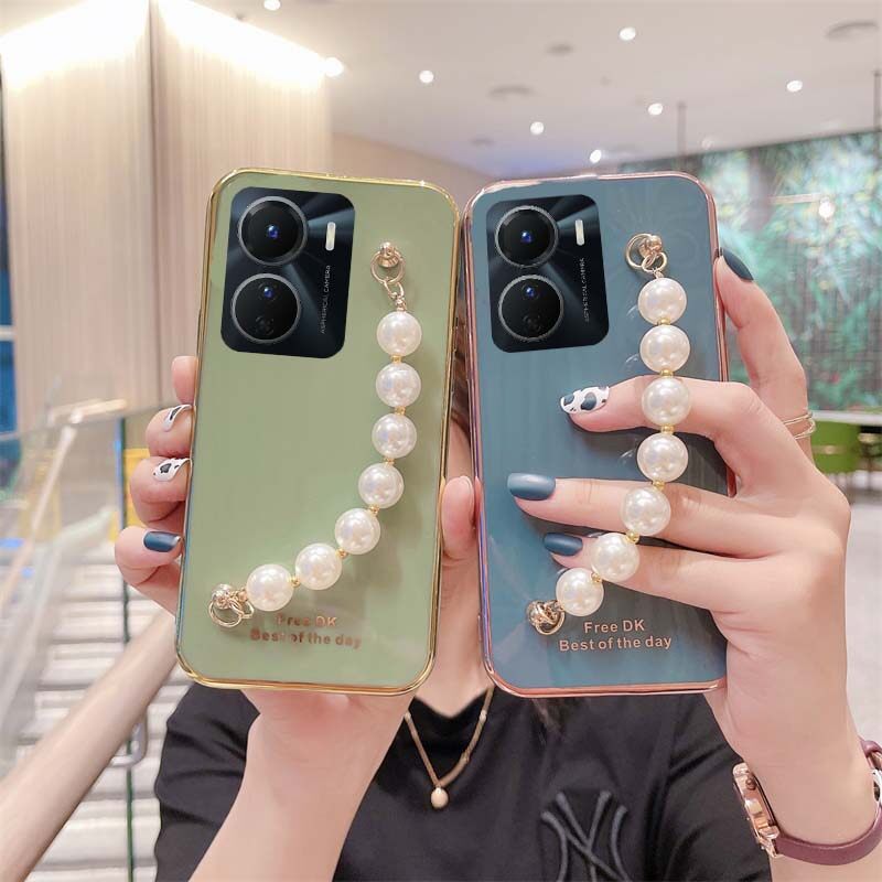 For VIVO Y16 Case Transparent Plating Electroplating Shiny Cases + Pearl Bracelet for VIVOY16 Cover Casing. 