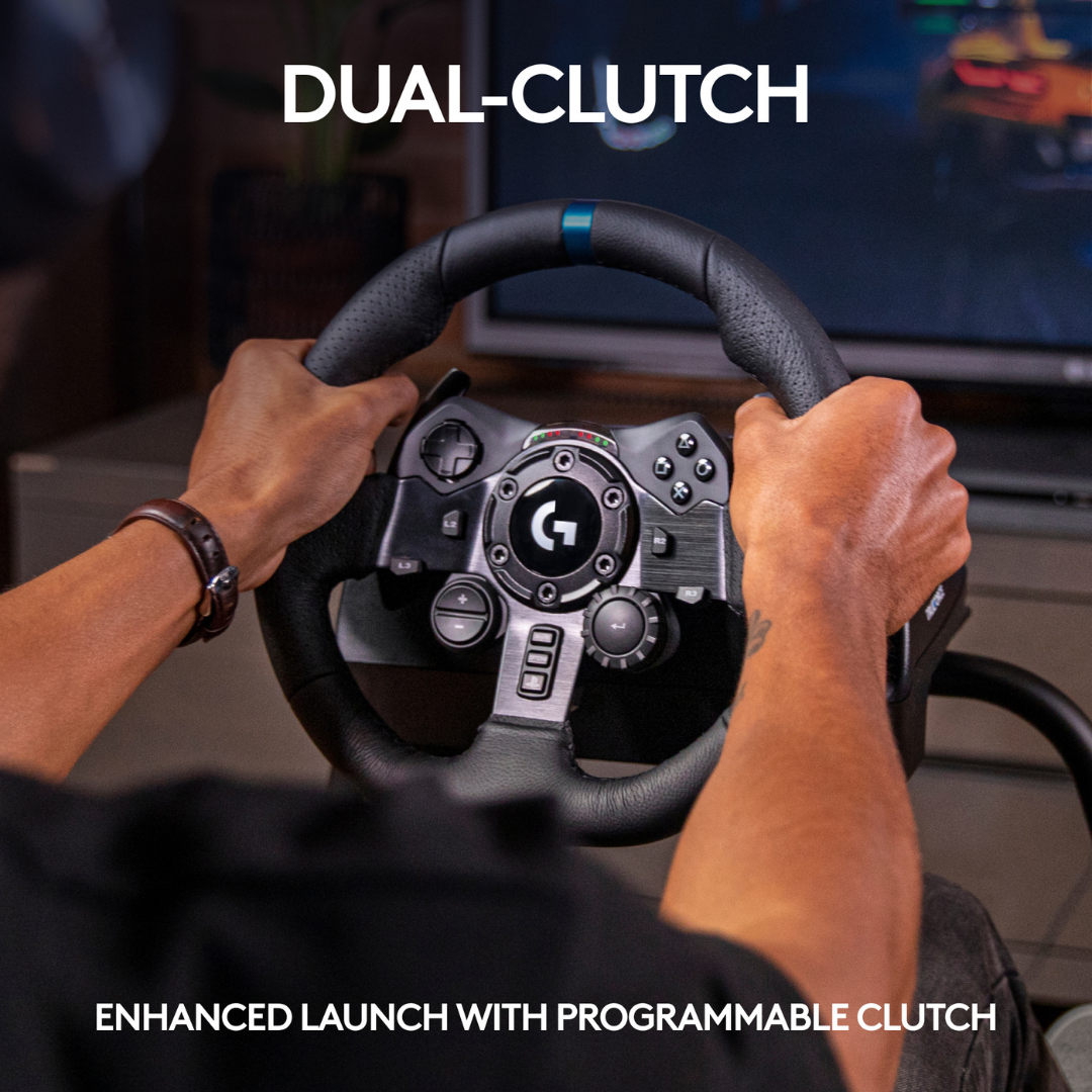 Logitech G923 Racing Wheel and Pedals, TRUEFORCE Feedback, Responsive Driving Design, Dual Clutch Launch Control, Genuine Leather Steering Wheel Cover, for PS5, PS4, PC, Mac. 