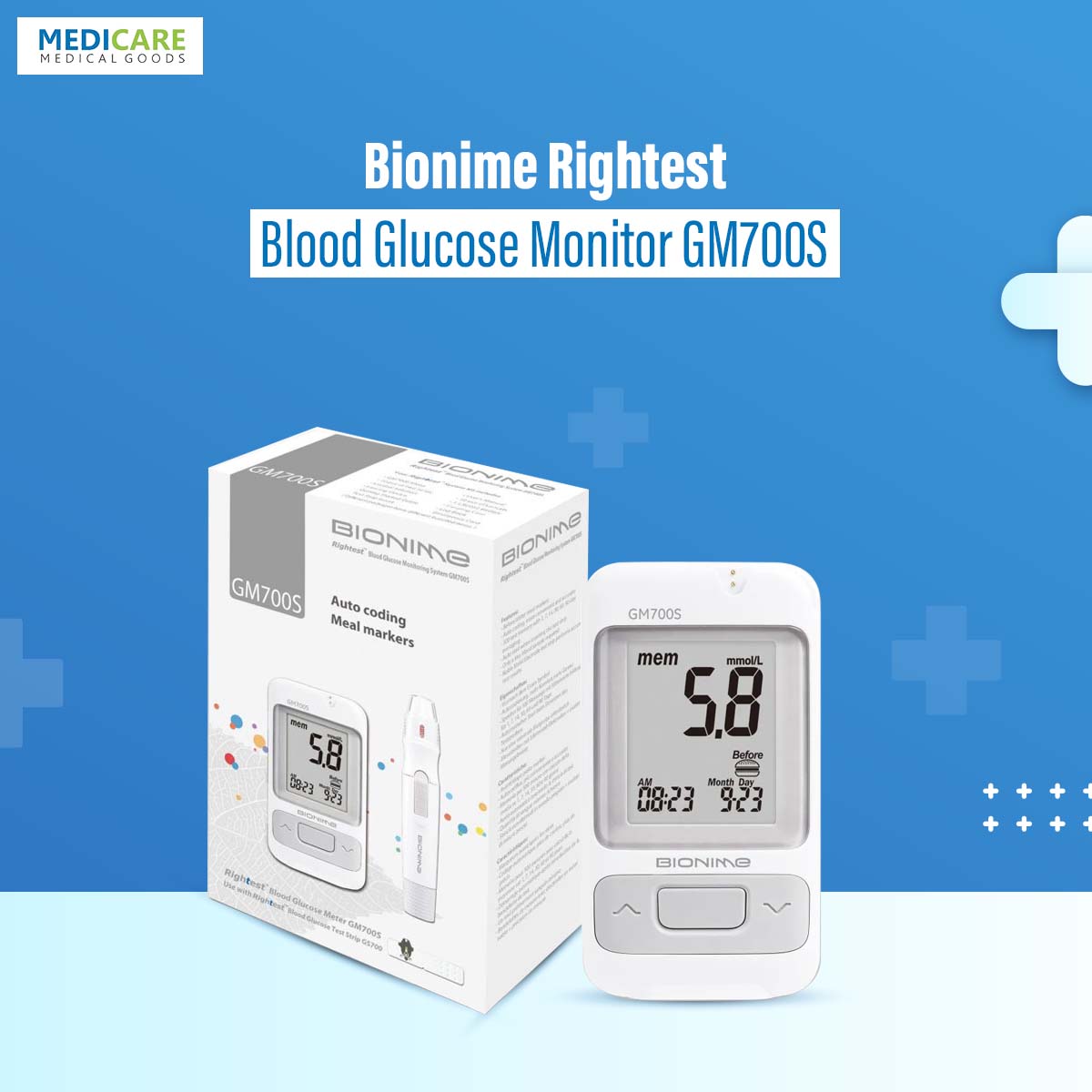 Bionime GM700S Rightest Blood glucose Monitoring System (Switzerland Design) With 10 Test Strip. 
