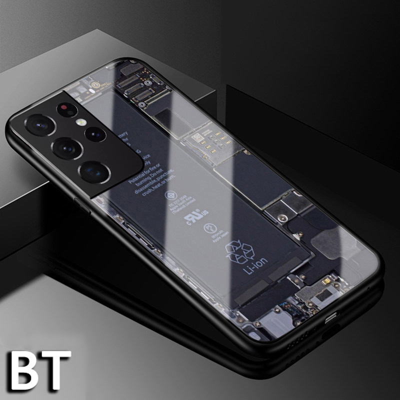 For Samsung Galaxy S21 Ultra Case Explorer Version Theme Back Cover Tempered Glass Protector Back Cover for Samsung S21 Ultra Back Cover Clear Circuit Board Design Full Coverage For s. 