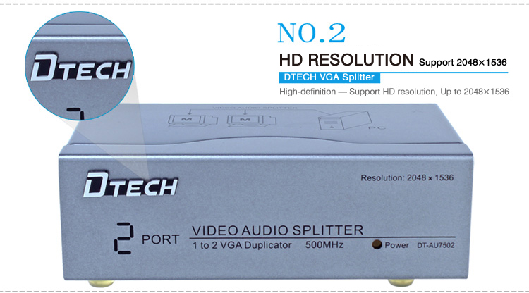 DTECH Powered 2 Port VGA Splitter Box SVGA Video Distribution 1 PC to 2 Monitor. 