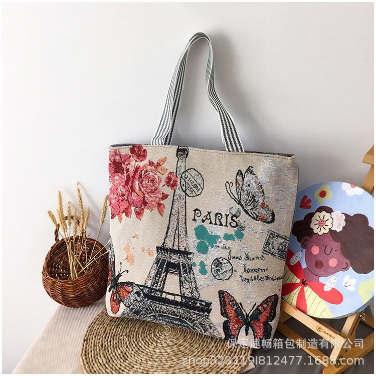 New creative tower flower jacquard cloth women's bag flower European and American shoulder bag canvas casual bag wholesale
