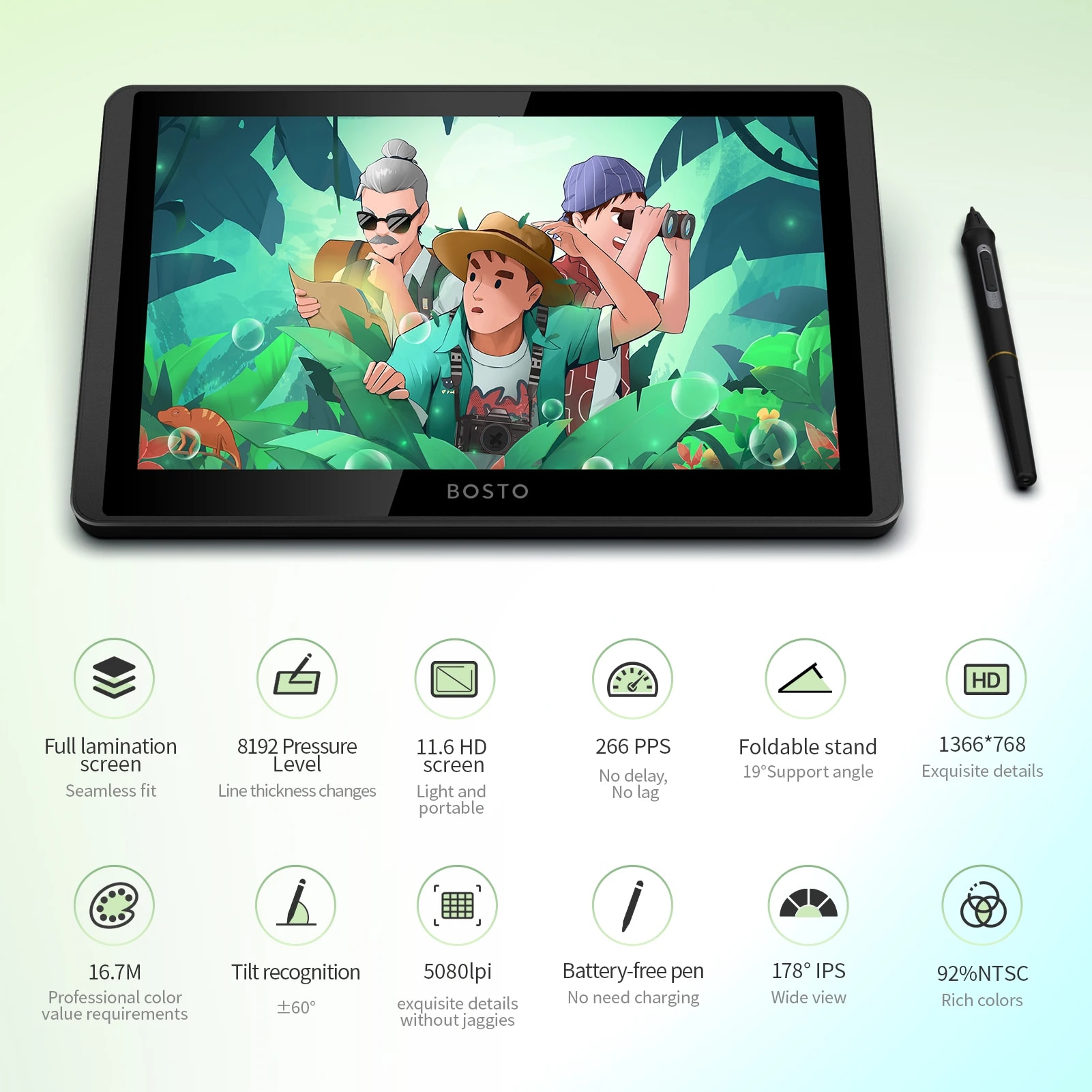 BOSTO 12HD-A H-IPS LCD Graphics Drawing Tablet Monitor 11.6 Inch Size 1366x768 Display 8192 Pressure Level Support Windows MacOS. 