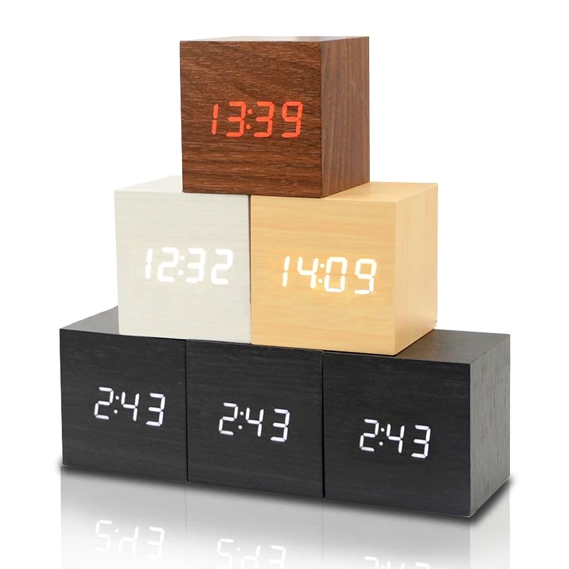 Wooden Digital Clock Multi-function LED Alarm Clock with Time/ Date/ Temperature Display and Voice Control for Home Office Trave. 