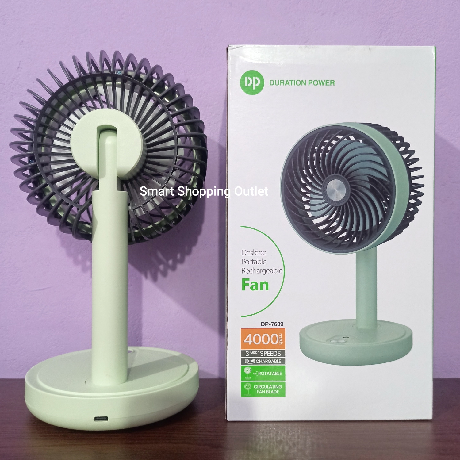 DURATION POWER DP-7639 Rechargeable 4000mAh Battery Three Speed Modes Up-Down Adjustable Desk Fan. 