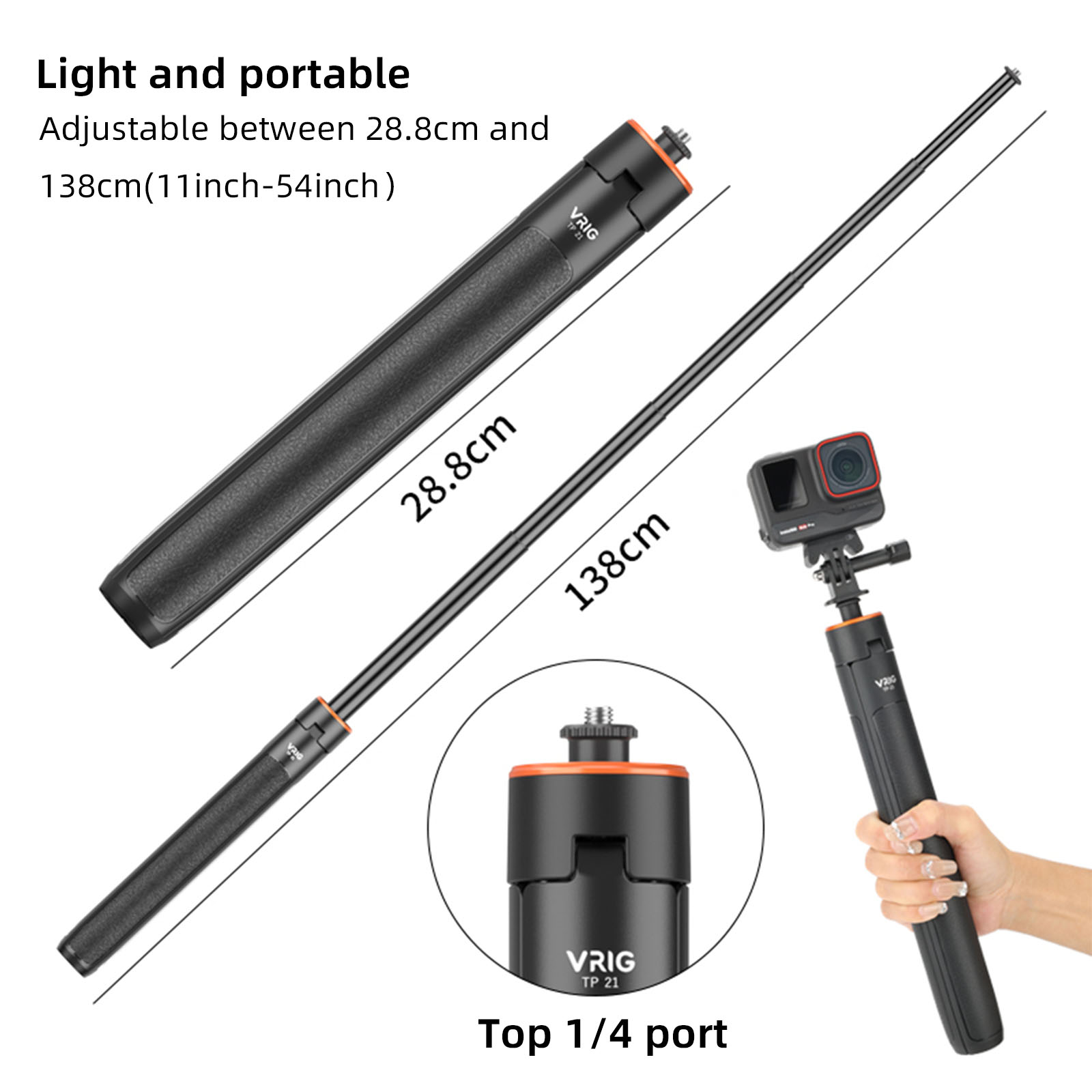 VRIG TP-21 Extendable Selfie Stick Tripod for GoPro Max Hero 10 9 8 7 6 5 4, DJI Osmo Action, Insta 360 One R and More Action Camera（55.1''）. 