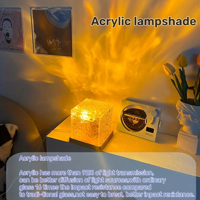 Dynamic Rotating Water Ripple Projector Night Light Water Ripple Cube Colorful Night Light Flame Crystal Lamp LED Table Lamp. 