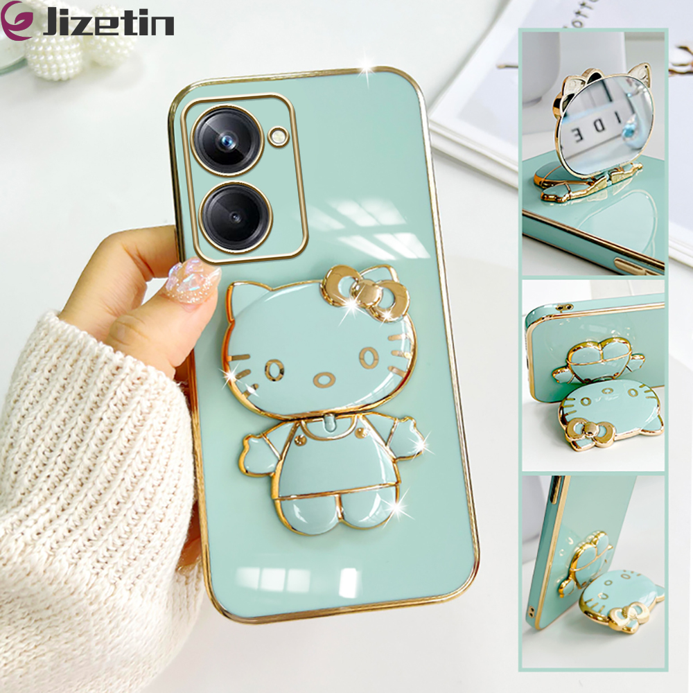 Jizetin for Realme 10 Pro 5G Back Cover + Mirror + Hello Kitty Bracket 360 Rotation Luxury Plating Fashion Holder Phone Cases