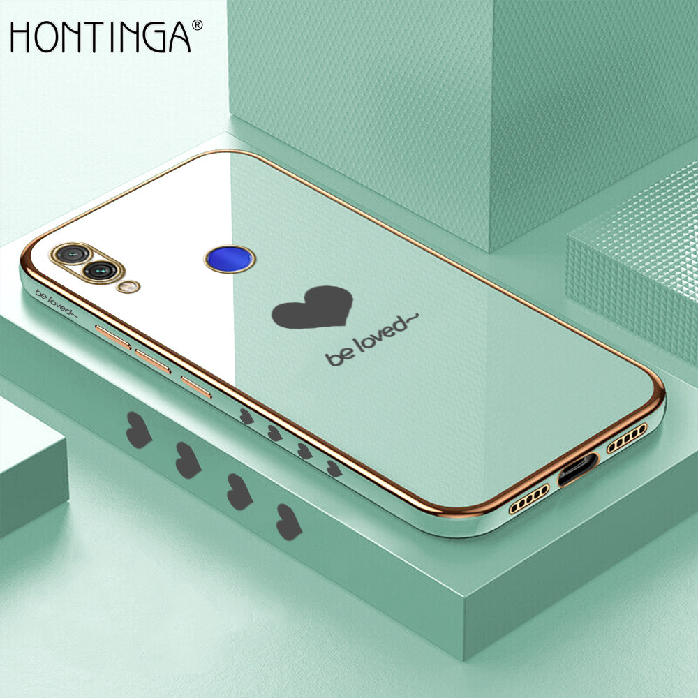 Hontinga for Redmi Note 7 / Note 7 Pro Back Cover + Free Lanyard Luxury 6D Plating Lover Heart Side Pattern Case Soft Silicone Square Mobile Cover