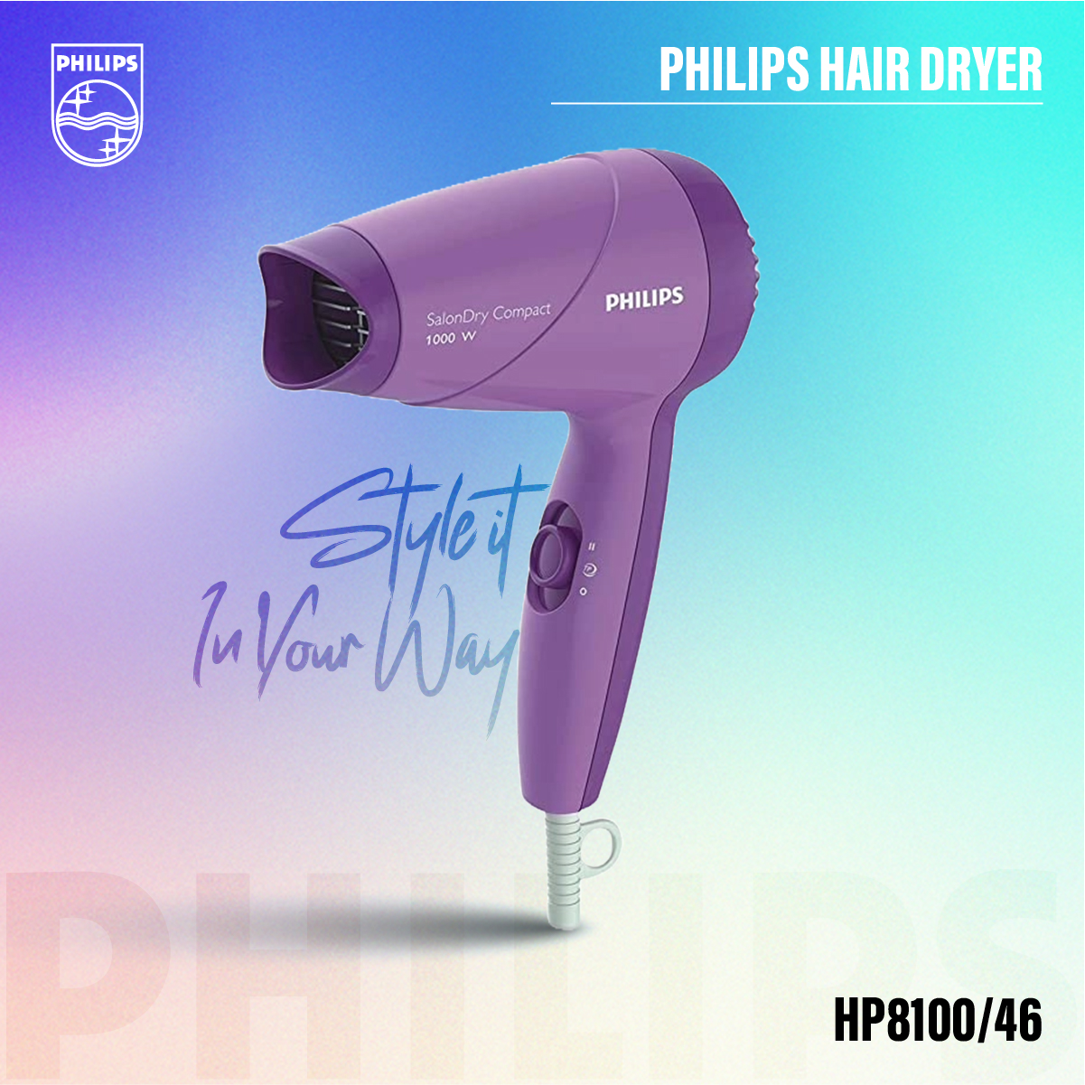Philips HP8100/46 Compact Hair Dryer – 1000W, ThermoProtect Technology,  Heat Settings (Purple)
