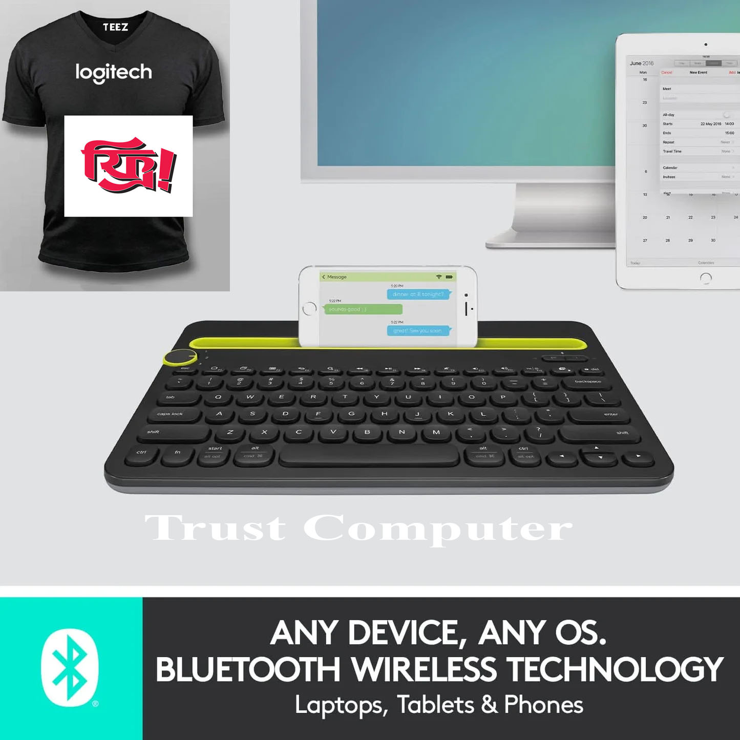Logitech Bluetooth Multi-Device Keyboard K480, Works with Windows and Mac Computers, Android and iOS Tablets and Smartphones - Black