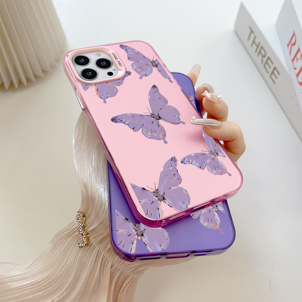 Hontinga for Redmi A2+ A2 Plus A1+ A1 Plus Back Cover Colorful Sliver Double Sided Soft Edge Hard Back Purple Butterfly Phone Case for Girl. 