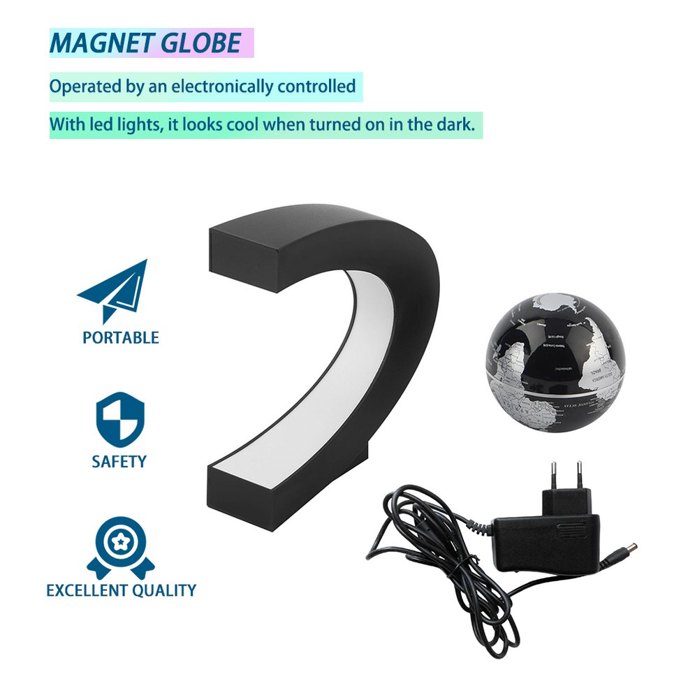 C shape LED World Map Decoration Magnetic Levitation Floating Globe Light-black UK Plug. 