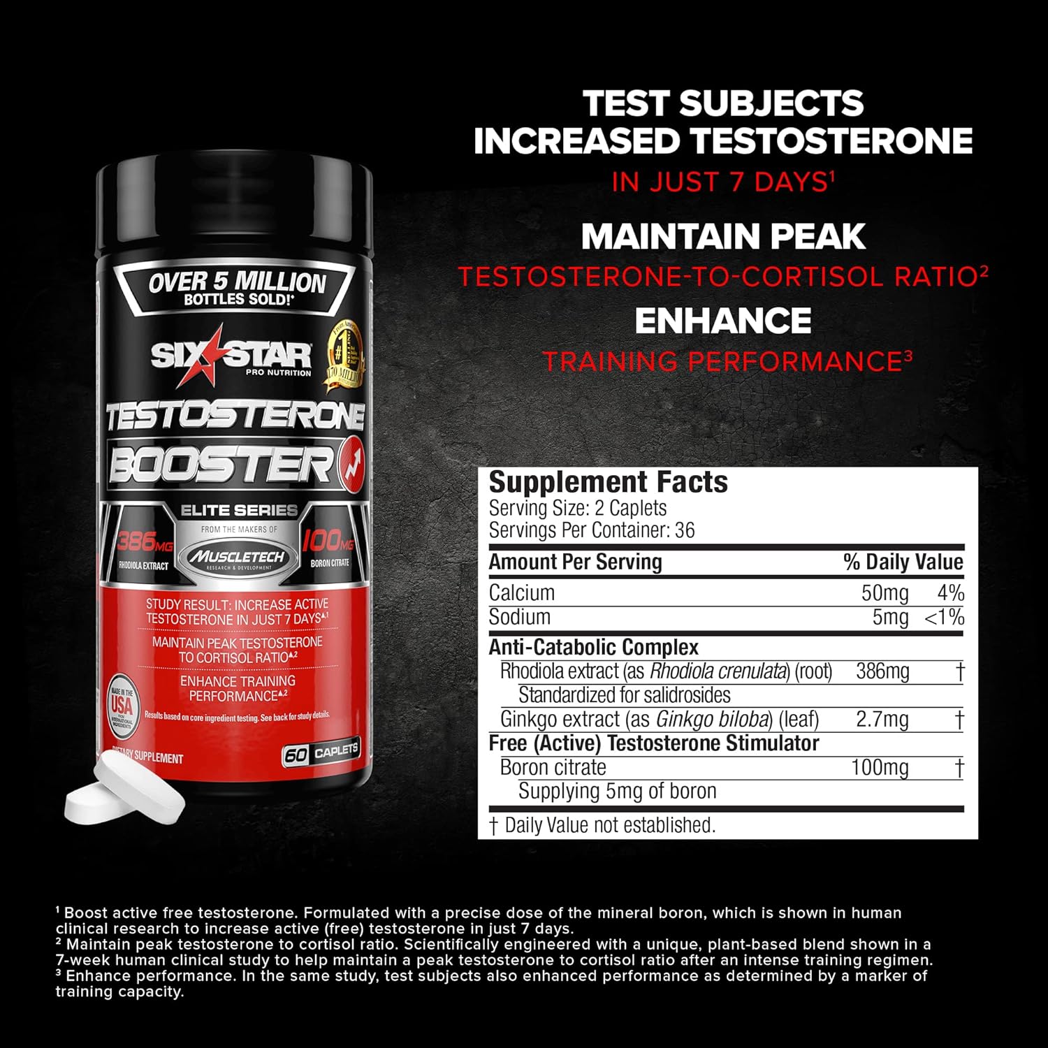 Six Star Nutrition Testosterone Booster for Men with Rhodiola Extract and Boron Citrate - Male Gym Workout Supplements for Muscle Growth, Stamina & Energy - 60 Pills. 