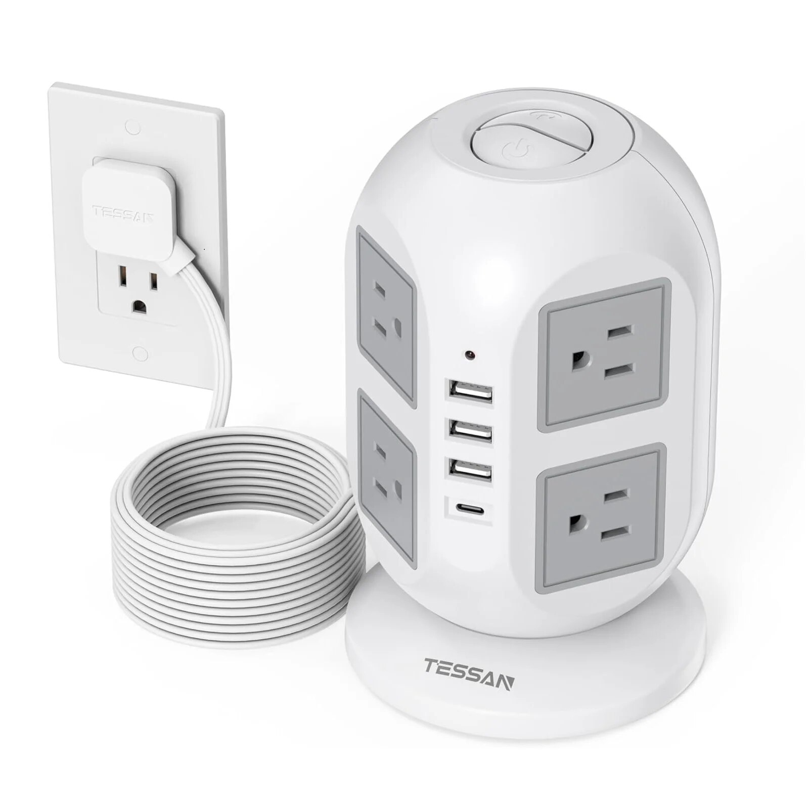 TESSAN Tower Surge Protector Power Strip with 8 Outlets 3 USB Ports 1 Type C 10ft Ultra Thin Flat Extension Cord for Home Office. 
