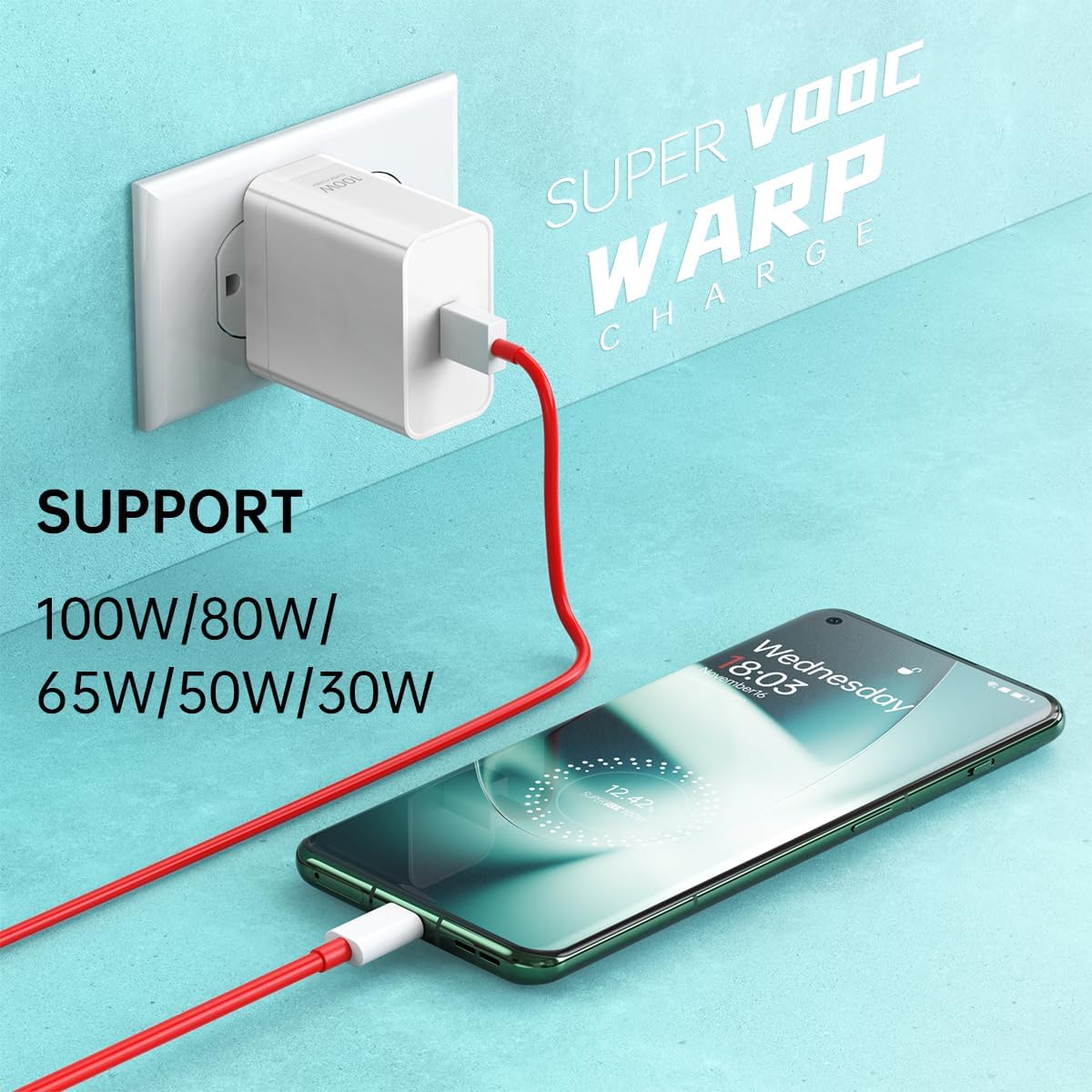100W for Oneplus 13 12 13R 11 Charger, Supervooc 80W Warp Charger 65W 30W for Oneplus 10 9 Pro 12R 10T 10R 8T 8 7T 7 Pro Open Pad Nord CE 3 4 N30 N20 N10 9R One Plus Oppo Realme Fast Charge Cable. 
