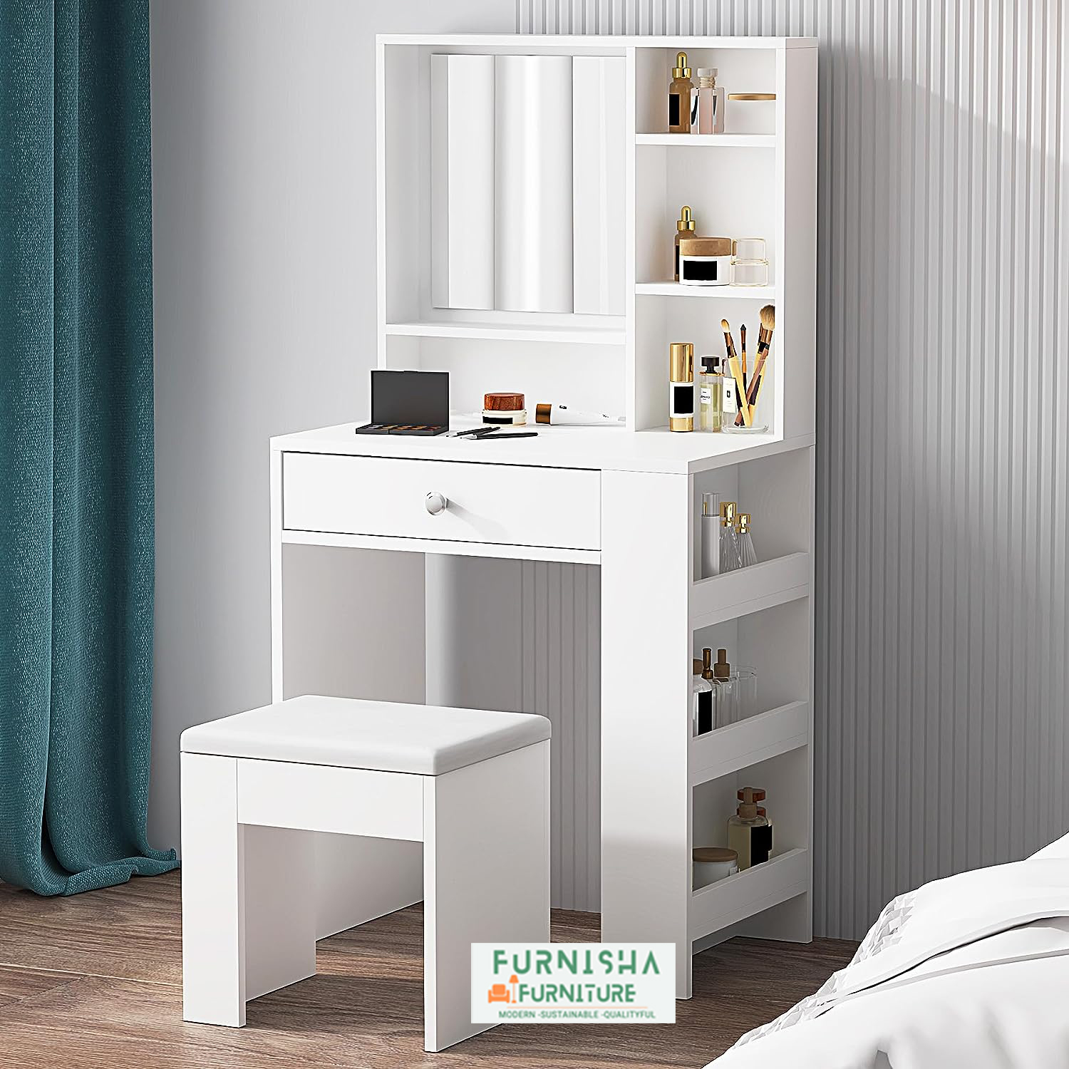 Vanity Table Set with Power Outlet, Makeup Vanity Desk with Stool & Mirror,23.6 inch Small White Vanity Table with Drawer and Shelves for Girls 50/36''. 
