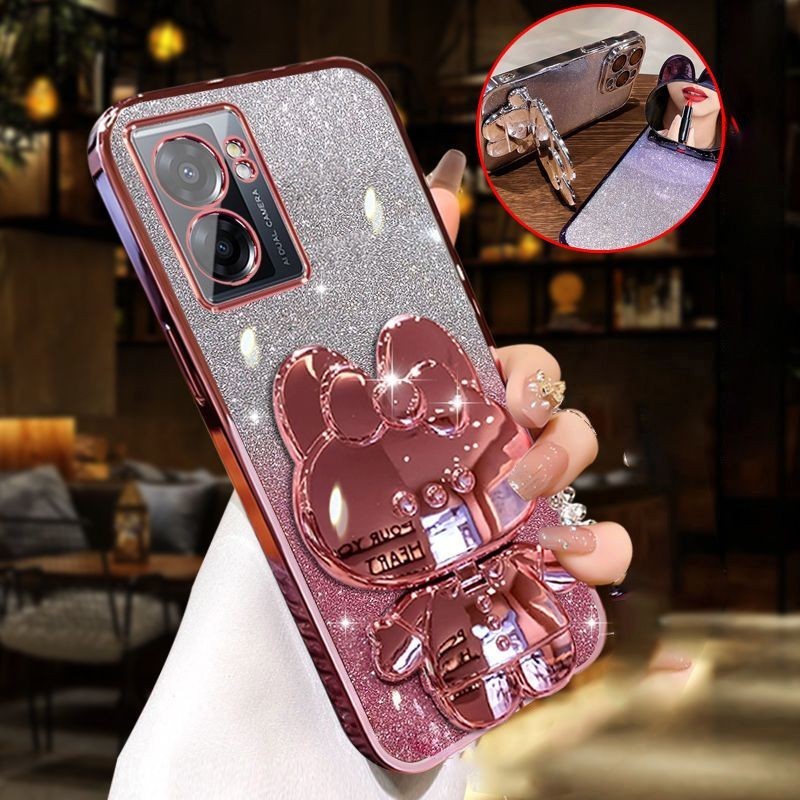 For OPPO A57 4G 2022 / A77 4G / A77s / A77 5G Back Cover case with Cute Rabbit Makeup Mirror Stand Luxury Slim Gradient Plating Glitter Girls Back cover Clear Soft Silicone Protective Pouch