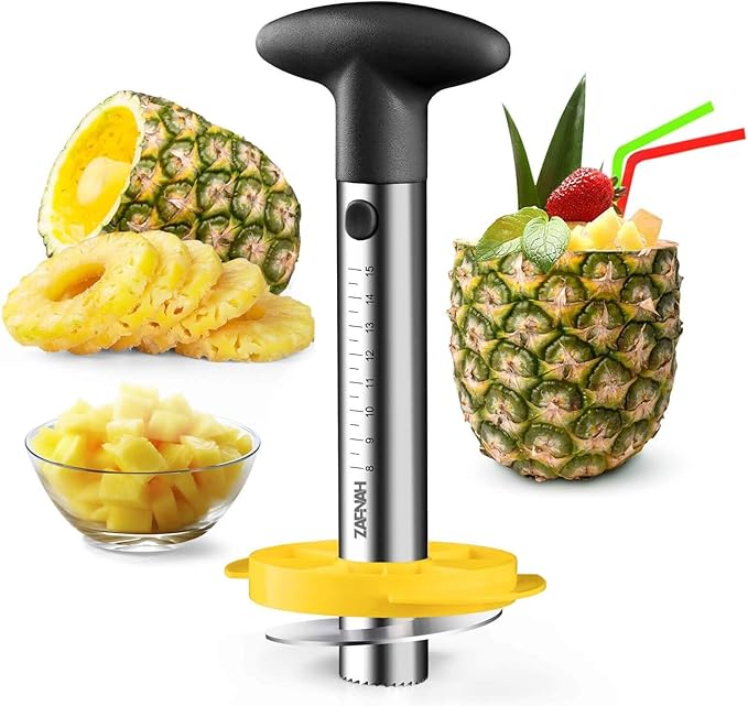 ZAFNAH Pineapple Corer and Slicer, Pineapple Slicer and Corer, Stainless Steel Pineapple Peeler, Easy Pineapple Core Remover, Decorator, Eye Removal Tool, Pelador de Piña (Black with