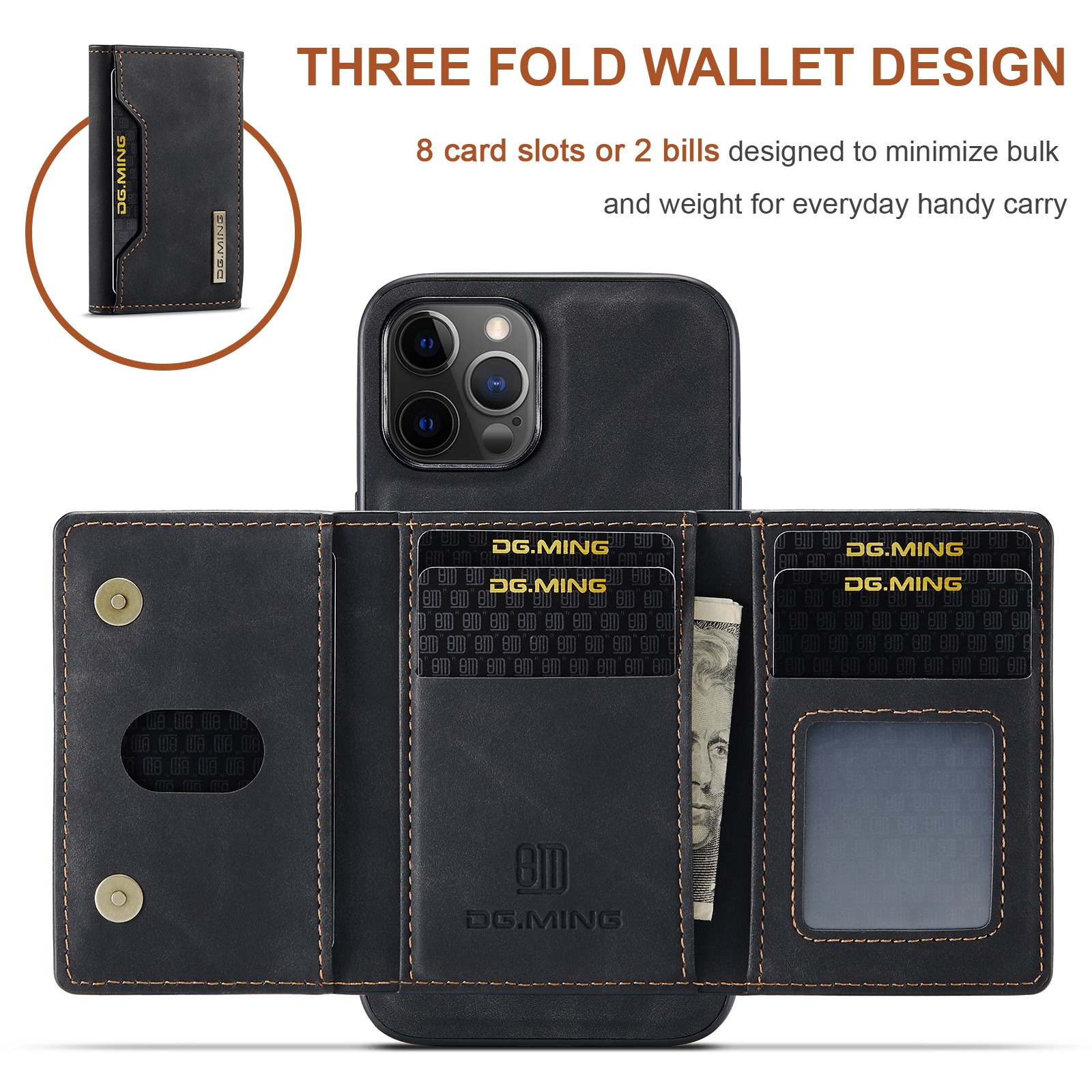 DG.MING M2 Series 3-Fold Multi Card Bag + Magnetic Back Cover Shockproof Case with Wallet & Holder Function For iPhone 12 Pro Max. 