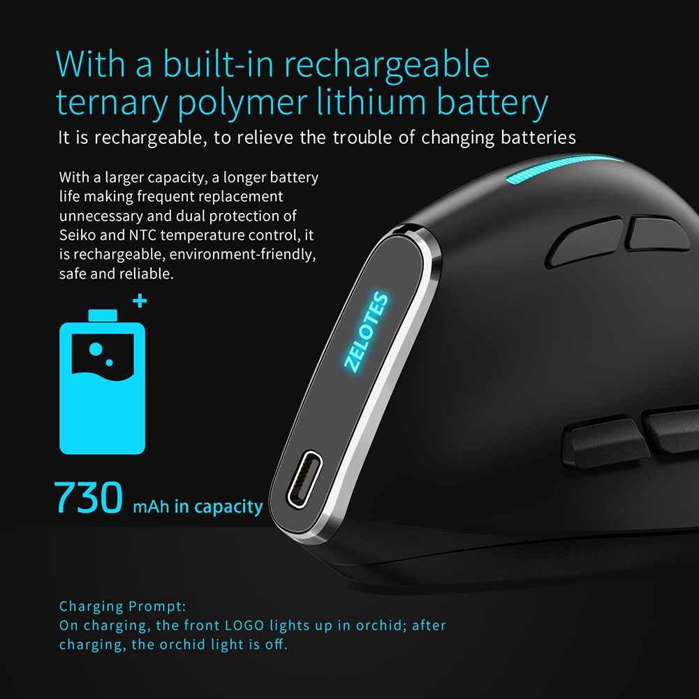ZELOTES F-36 Wireless Vertical Mouse 2.4G Bluetooth-compatible Mice 2400 DPI 8 Buttons Gaming Mouse for Computer Laptop Desktop. 