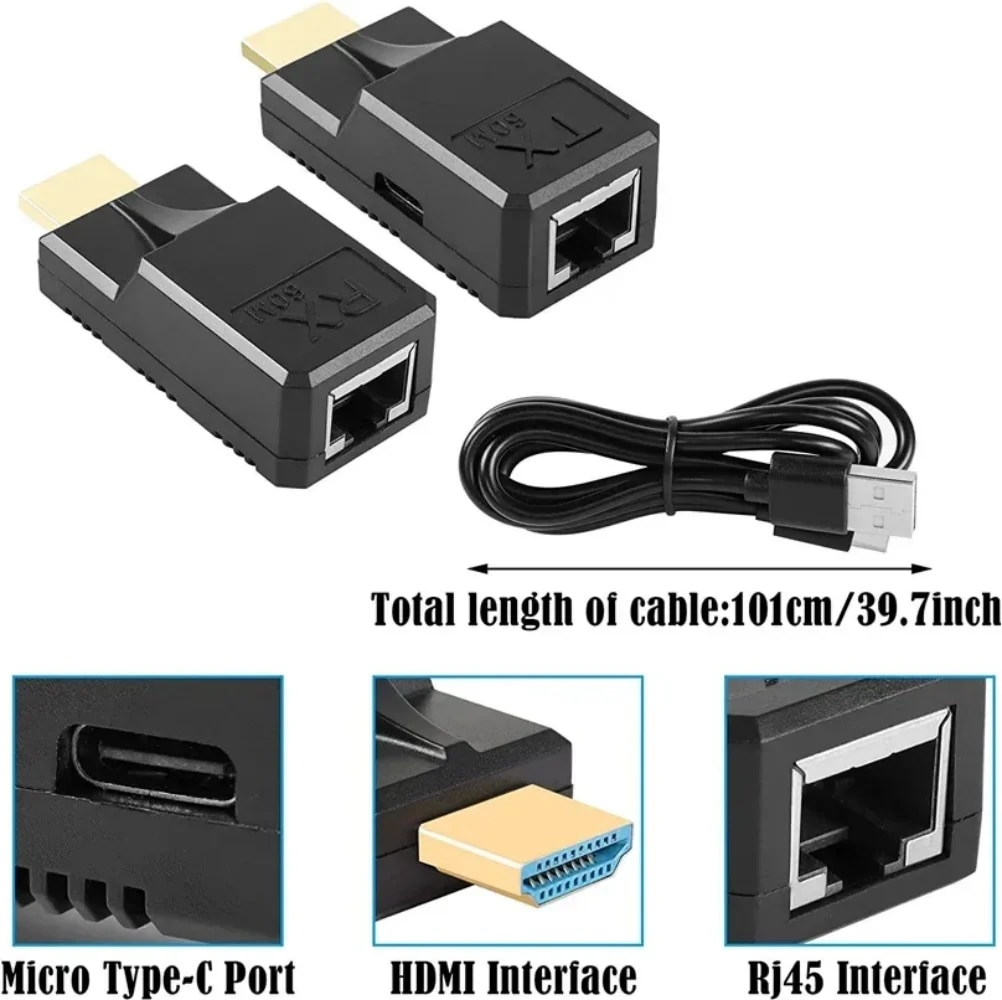 60M HDMI Extender over Single Rj45 Cat6 Cable 1080P HDMI Ethernet Extender Video Transmitter Adapter for PC Loptop HDTV Monitor. 