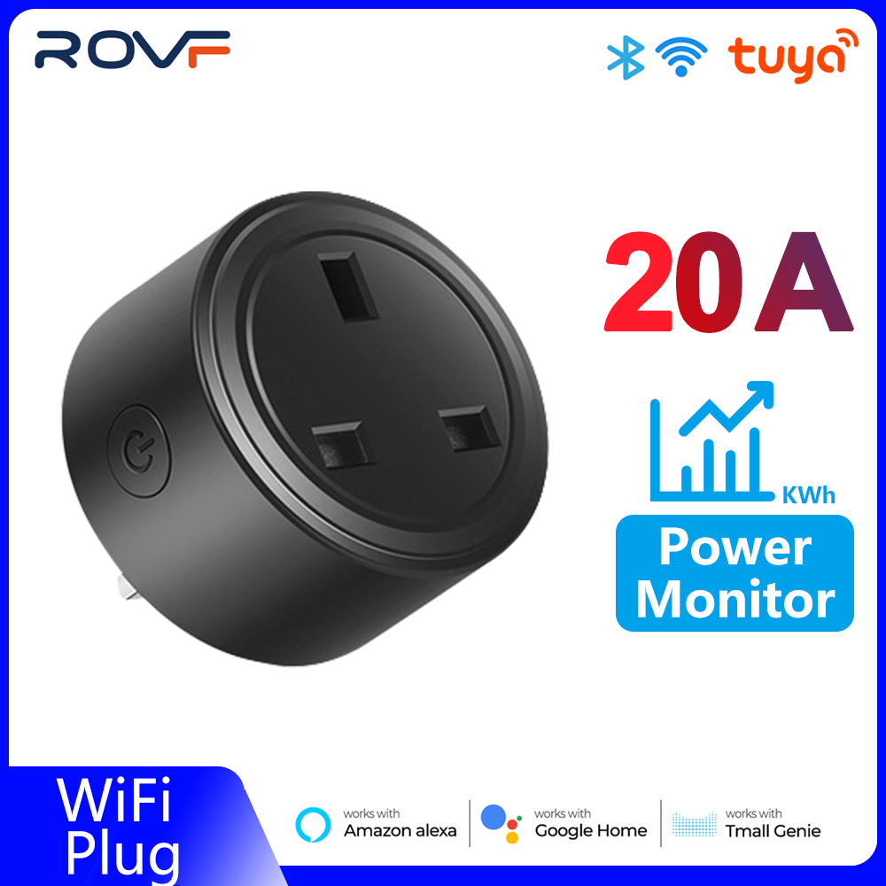 ROVF - 3 Pin Smart Wifi Plug - Wall Socket Switch - 16A/20A - UK Plug - Power monitor Remote Control - Work for Alexa Google Home Assistant. 