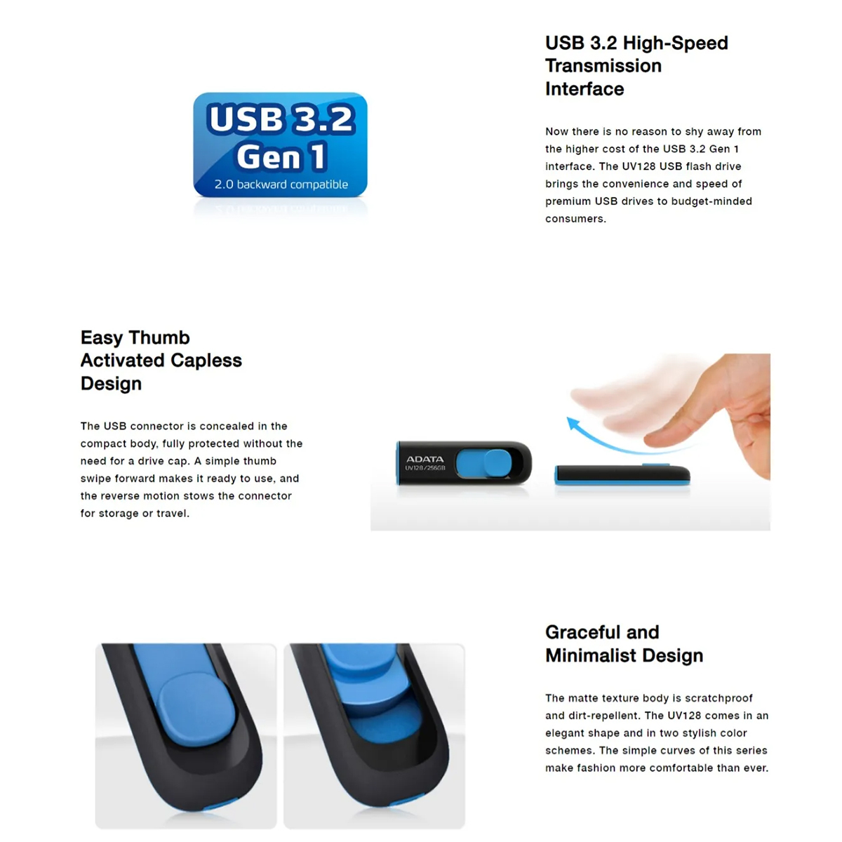 ADATA UV128 256GB USB 3.2 Gen1 Pen Drive with Backward Compatible with USB 2.0 Support Windows, MacOS and Linux. 