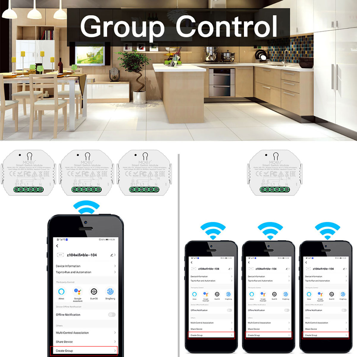MS-104 AC90-250V 1CH 2.4G Wifi + RF433 10 Amp Smart Automatic Switch Module. 