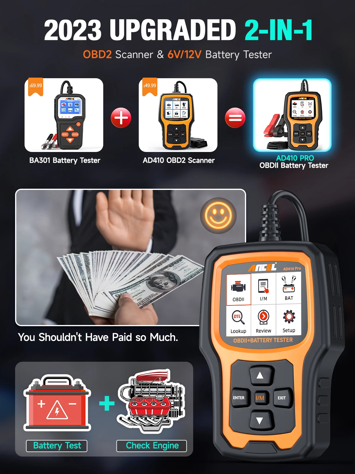 ANCEL AD410 PRO Code Reader + Battery Test Check Engine With Full OBD2 Function Car Diagnostic Tools. 