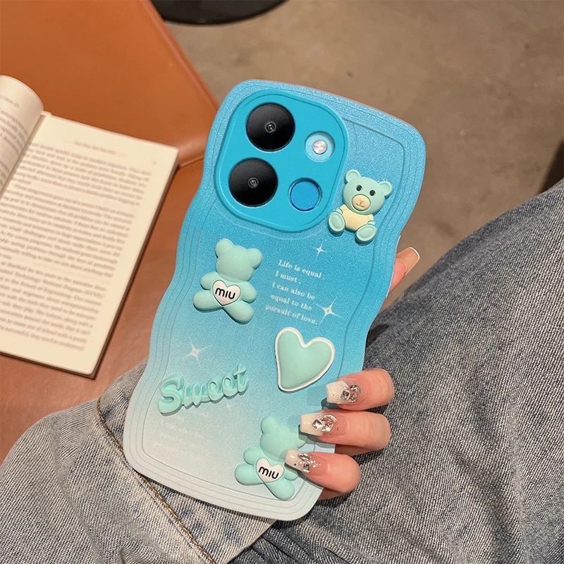 For Infinix Smart 7 Case Soft Silicone Waves Back Cover 3D stereoscopic Cute Bear Infinix Smart7 Phone Case. 