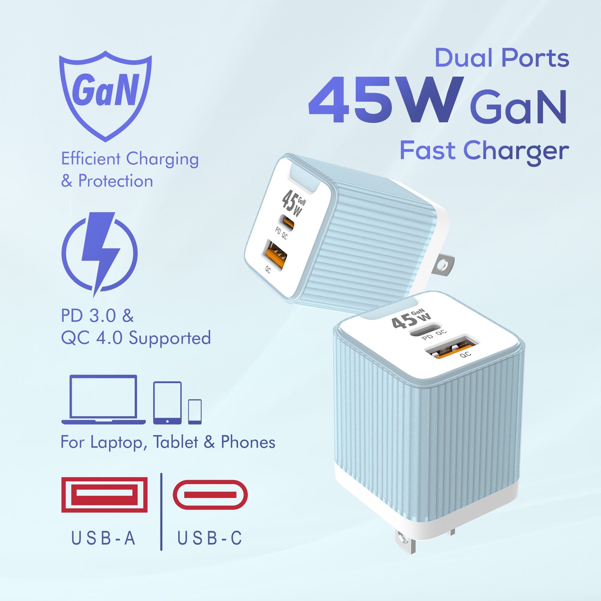 TETON 45W GaN Charger Adapter USB C Fast Charger, Support Samsung Super Fast Charging 2.0, PD Compact Foldable Dual Wall Charger Block, for Samsung S23 S22 Ultra/Note iPhone 15 14. 