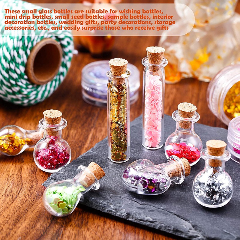 50 Pieces Small Mini Glass Jars Bottles with Cork Stoppers 5 Shapes Tiny Wishing Drifting Bottle Crafts DIY Projects. 