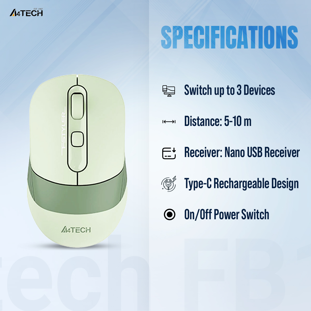 A4tech FB10C Multimode Rechargeable Wireless Mouse - Bluetooth + 2.4G - Connects upto 3 Devices - 1200 to 2400 DPI - Type C Charging - For PC/Laptop/Tablet/Smart TV - Grey/Blue/Green/Pink. 