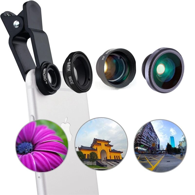 APEXEL HD 4 in 1 Camera Lens Kit 2X Telephoto Lens 180 Degree Fisheye Lens Macro Lens 0.67X Wide Angle Lens For iPhone Samsung
