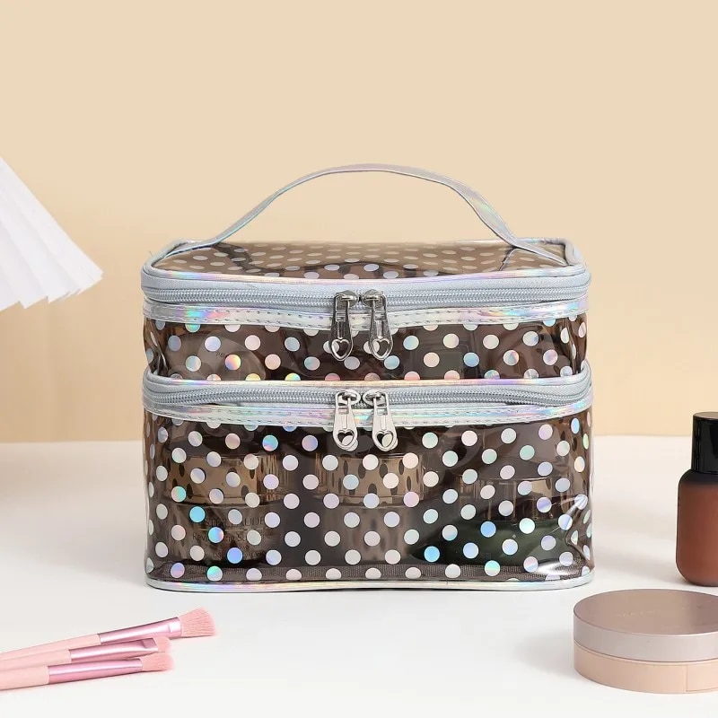 Polka dot transparent PVC double layer makeup bag Multi-functional portable waterproof makeup case large capacity travel storage. 