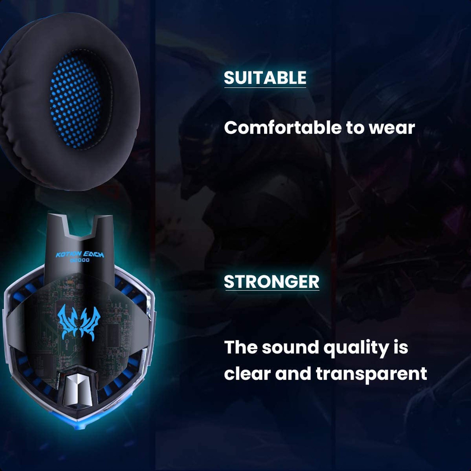 KOTION EACH G2000 Over-Ear Gaming Headset with 50mm Driver Unit Skin-Friendly Breathable Ear Pads High-Fidelity Noise Reduction 360-Degree Surround Sound Cool Glowing Design and 120-Degree Rotating Microphone. 