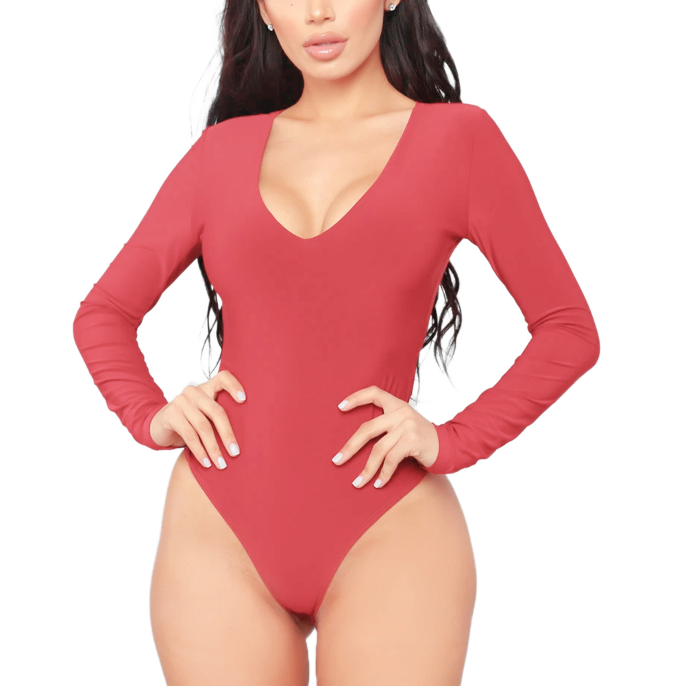 Women's Deep V Neck Long Sleeve Bodysuit Ribbed Knit Bodycon Basic Bodysuit  Tops (Color : Red, Size : L) (Red M) : : Everything Else
