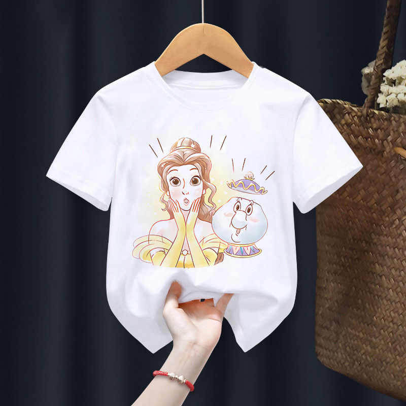 2022 Belle Children T-Shirt Disney Princess Anime T Shirt Clothes Cartoons Fairy Tales Kawaii Casual Top Kid Boy Girl Tee Shirts. 