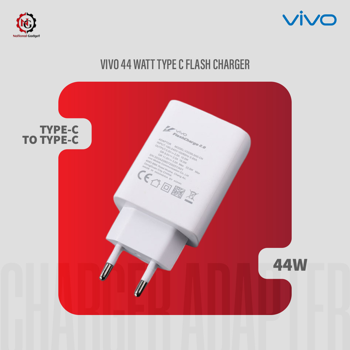 Vivo Charger 44 Watt Type C  Flash Charging For Vivo V23 , V23e , V23e 5G , V23 5G , V23 Pro , V25 , V25 , Y35 ,Y55 , Y76 5G , Y75 , Y100 , Y78 , Y78+ , iQOO Z7 , iQOO Z7s , iQOO Pad , X70 Pro