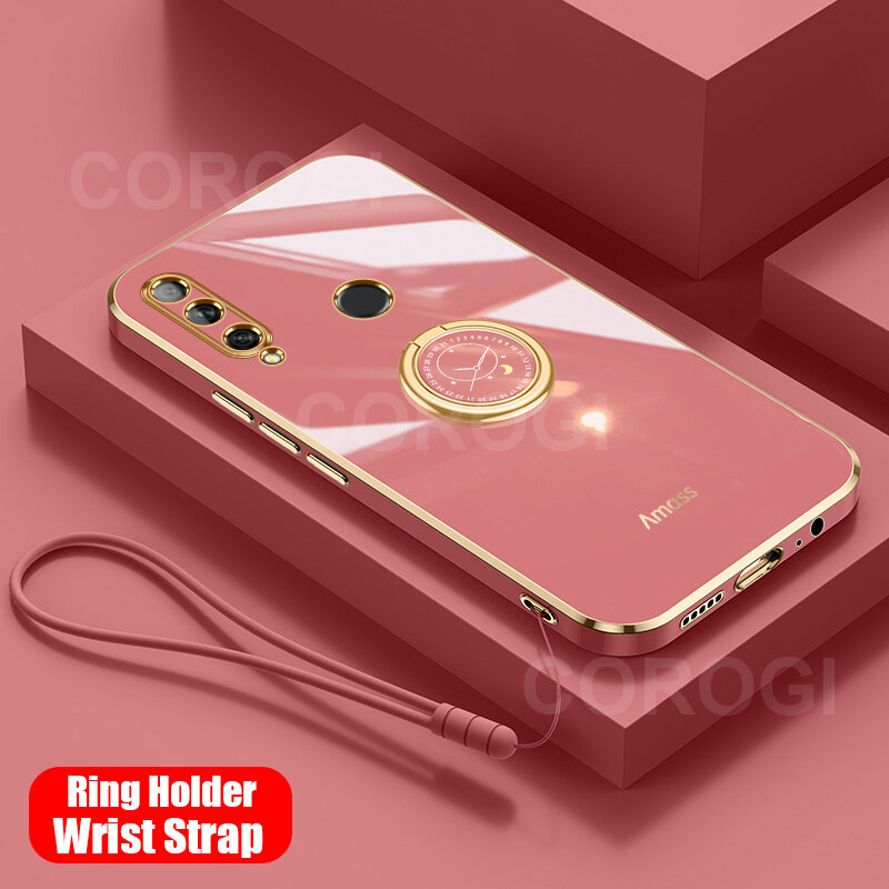 For Huawei Honor 10i Back Cover with Ring Holder Stand + Wrist Strap Shiny Plating Square Bumper Protective Case Soft Silicone Shockproof Mobile Phone Cases. 