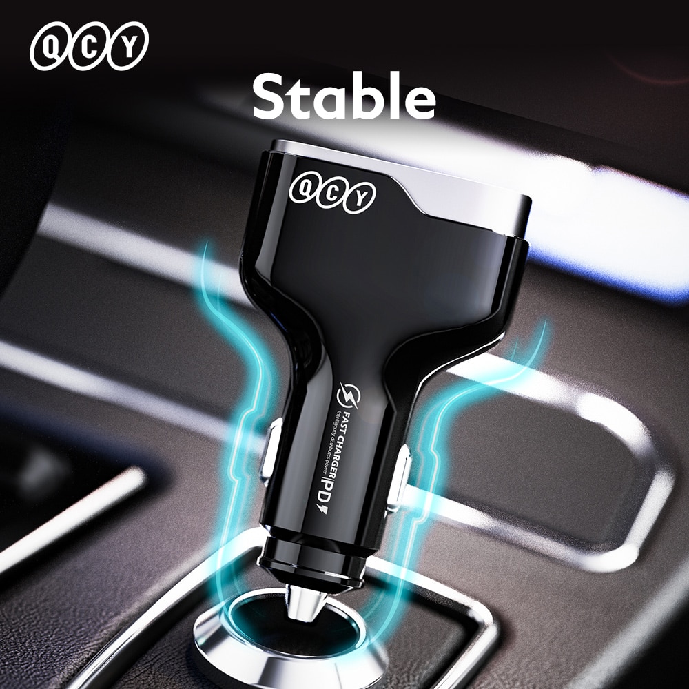 QCY 3 Port Car Charger 40W PD Fast Charger QC 3.0 USB Type C Car Charger For iphone 13 12 Xiaomi Huawei Samsung Quick Charger. 