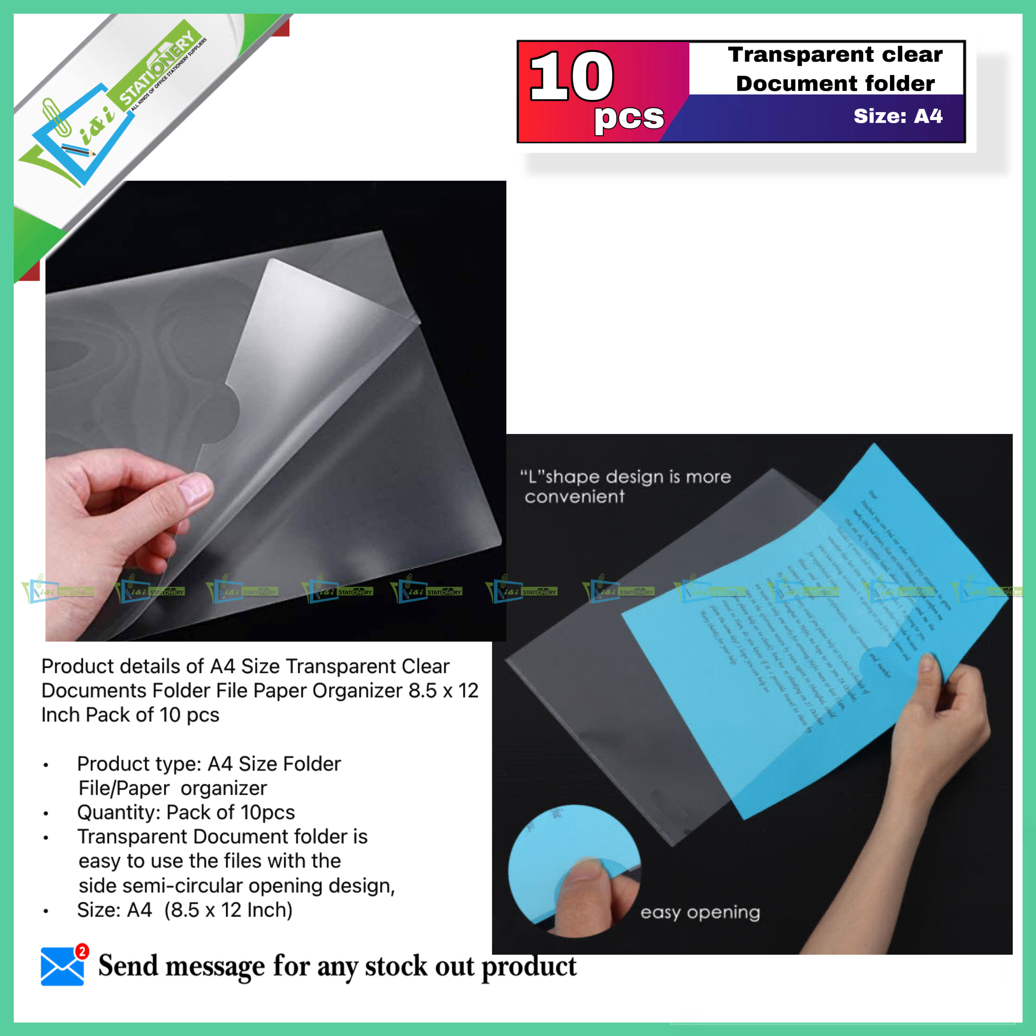 A4 Size Transparent Clear Documents Folder File Paper Organizer 8.5 x 12 Inch Pack of 10 pcs. 