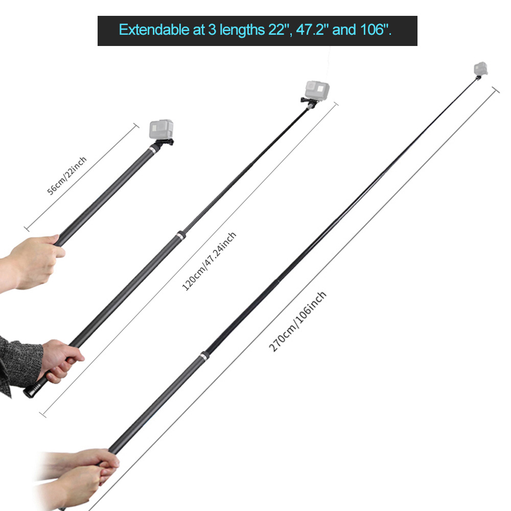 TELESIN 2.7M/106 Inch Ultra Long Carbon Fiber Selfie Stick Lightweight Extendable Handheld Pole Monopod Replacement for GoPro Hero 9/8/7/6/Hero 5 Black(2018) Replacement for Insta360 One R DJI OSMO Action Camera. 
